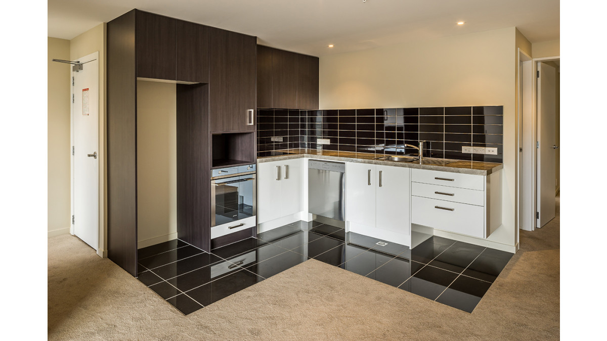 The kitchens at Elevate Apartments.