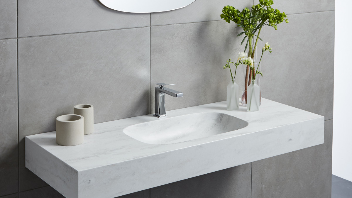 Corian Rain Cloud vanity top with integrated PWB 304 basin in Rain Cloud. <br />
Styling credit: Sonya Cotter. <br />
Photo credit: Bryce Carleton. 