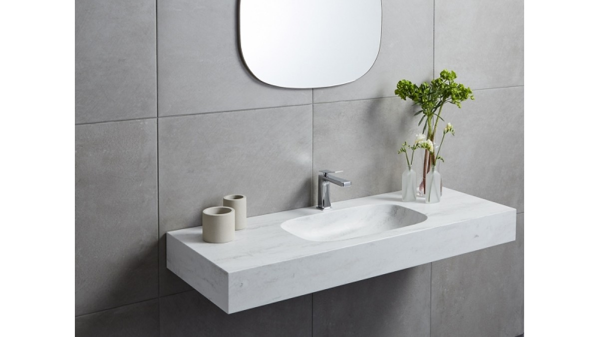 Corian Rain Cloud vanity top with matching integrated EOS PWB304 basin