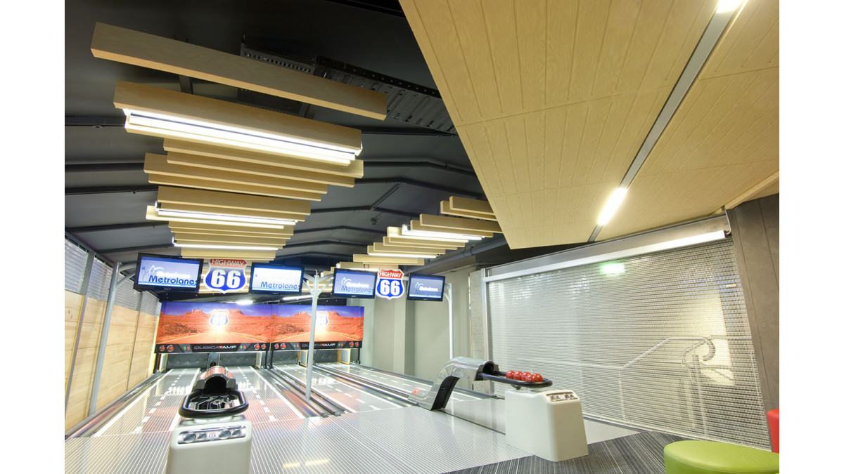 Asona Baffle Panel Beams.Metro bowling alley