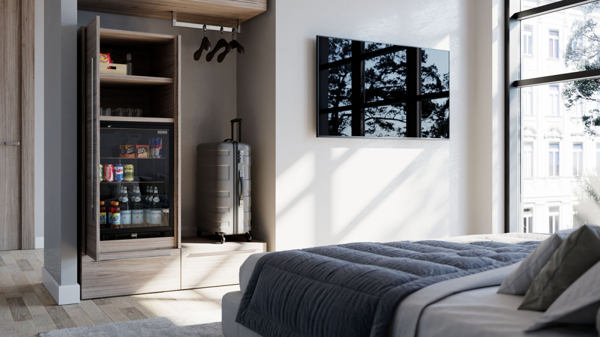 Salice Gravity Pocket Door   Hotel Mini Bar   Partially Open   EBOSS