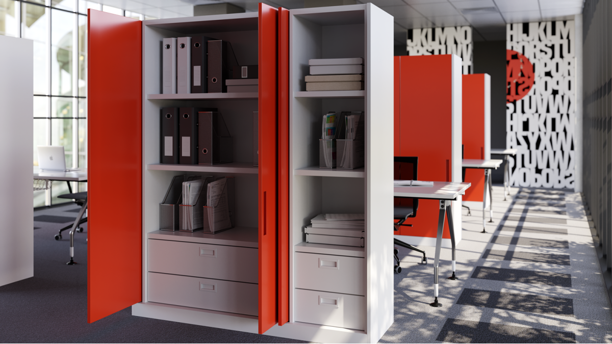 Salice Gravity Pocket Door   Office Storage   Partially Open   EBOSS
