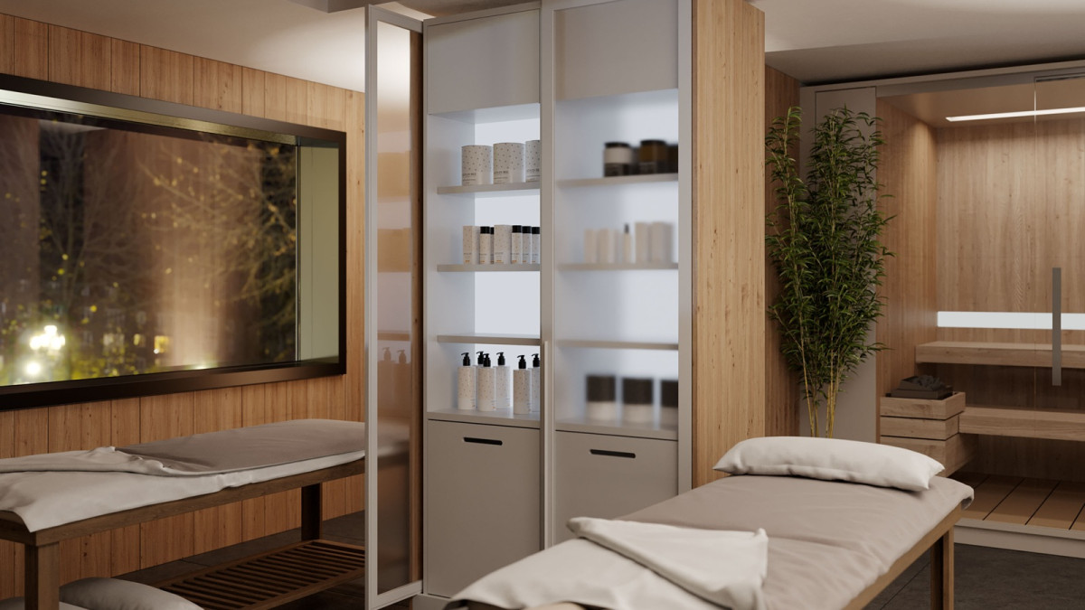 Salice Gravity Pocket Door   Spa   Partially Open   EBOSS