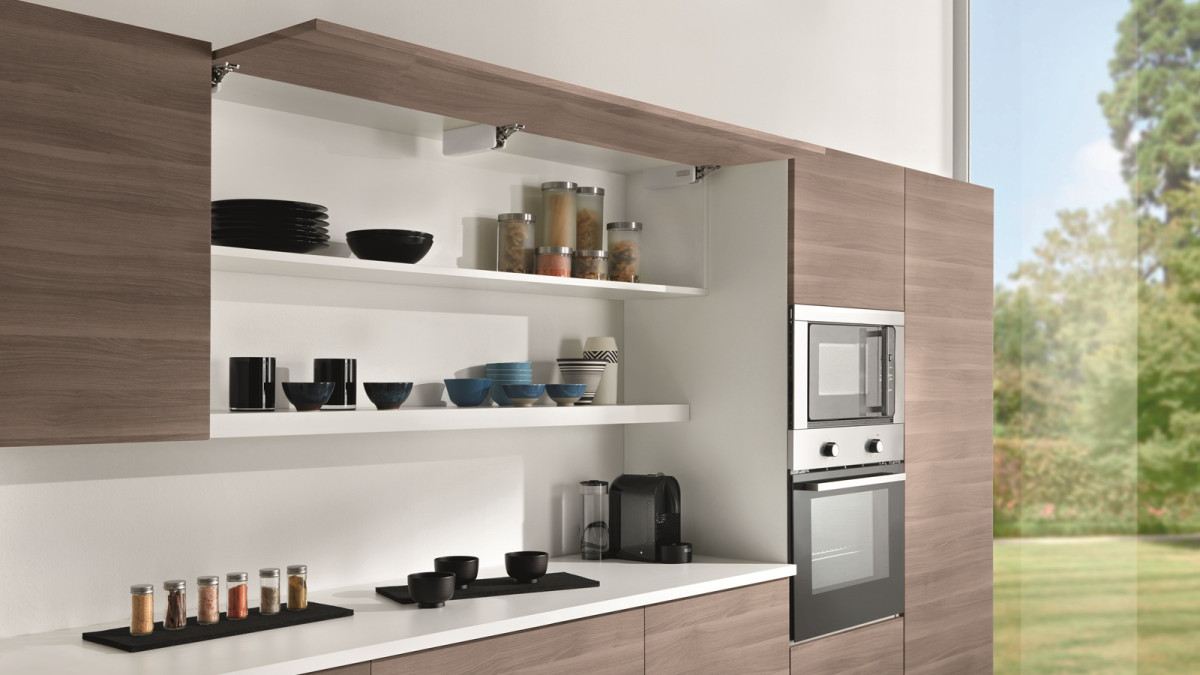 Salice Wind Overhead Lift in White in Kitchen Cabinet with Extra Hinge for Wide Door