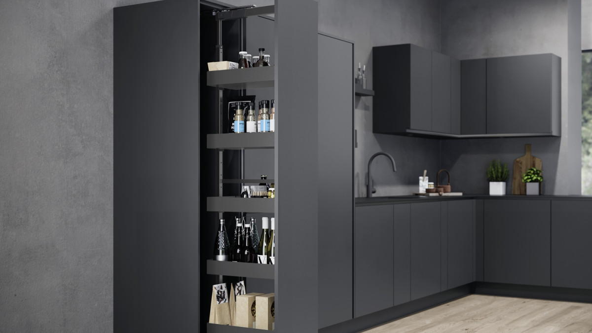 VS TAL Larder Essentio Lava Grey 5 Basket 300mm Cabinet In Situ