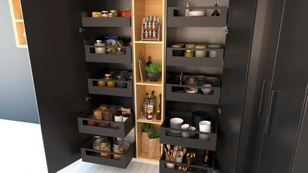 Two ALUNAN Internal Drawer Pantry Variants shown side by side Umbra Grey