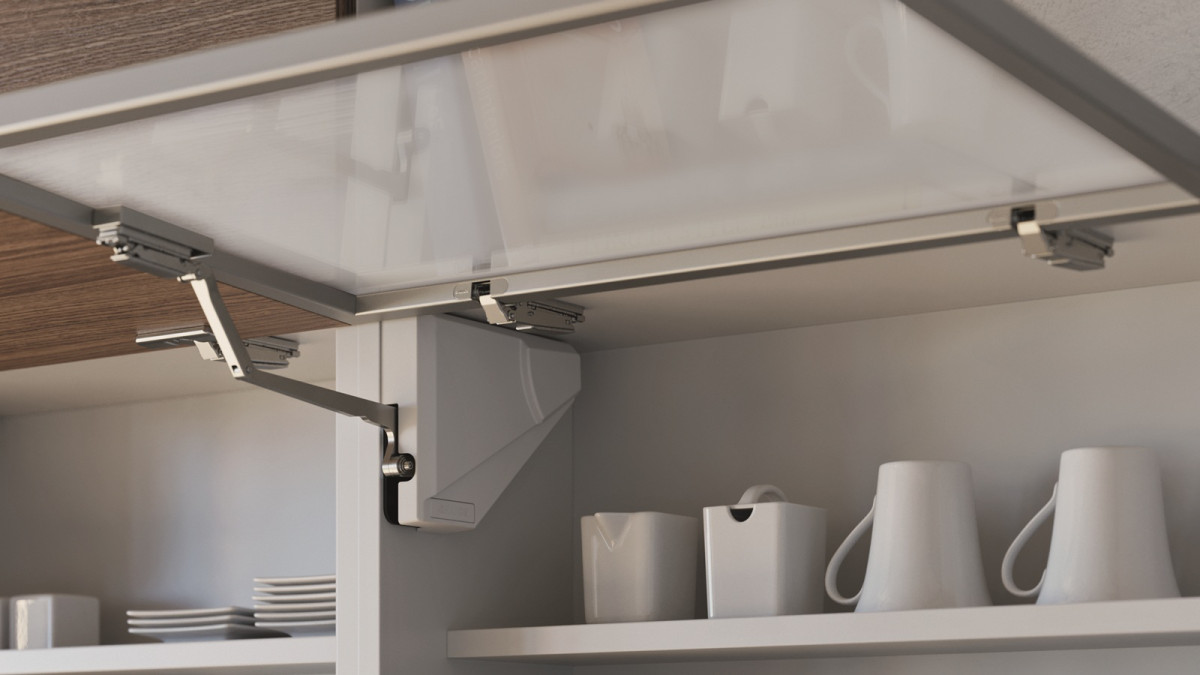 Salice EvoLift Overhead Lift Single Flap Aluminium Framed Door Close Up