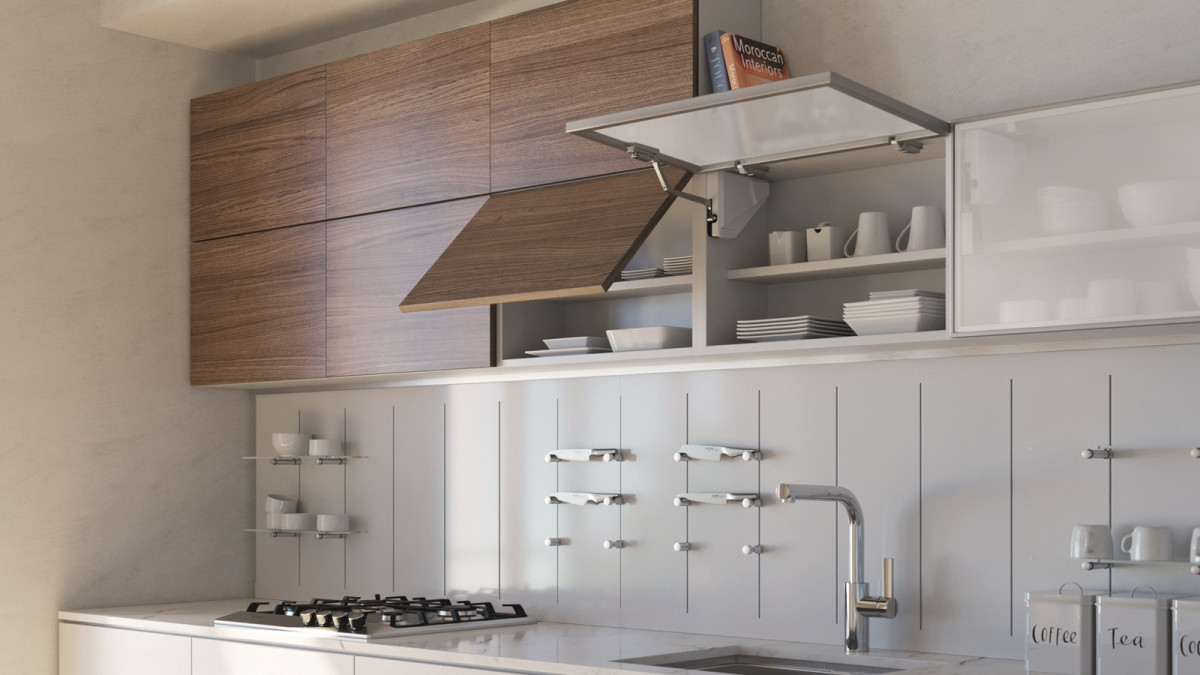 Salice EvoLift Overhead Lift Single Flap Wooden Panel and Aluminium Framed Doors