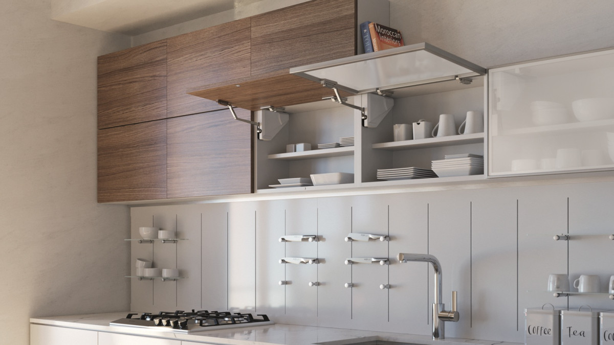 Salice EvoLift Overhead Lift Single Flap Wooden Panel and Aluminium Framed Doors