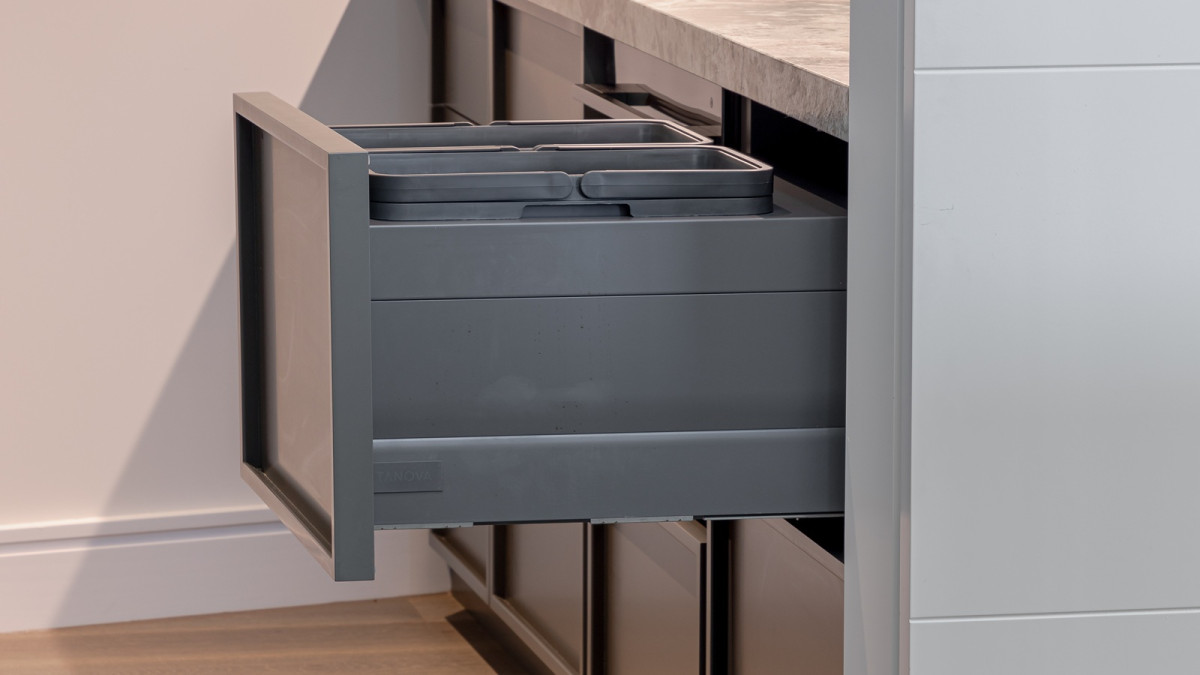 Tanova Designer Series Kitchen Waste Bin for 600mm Cabinet. Project by Johnston Architects and Said Studio. Photo John Williams