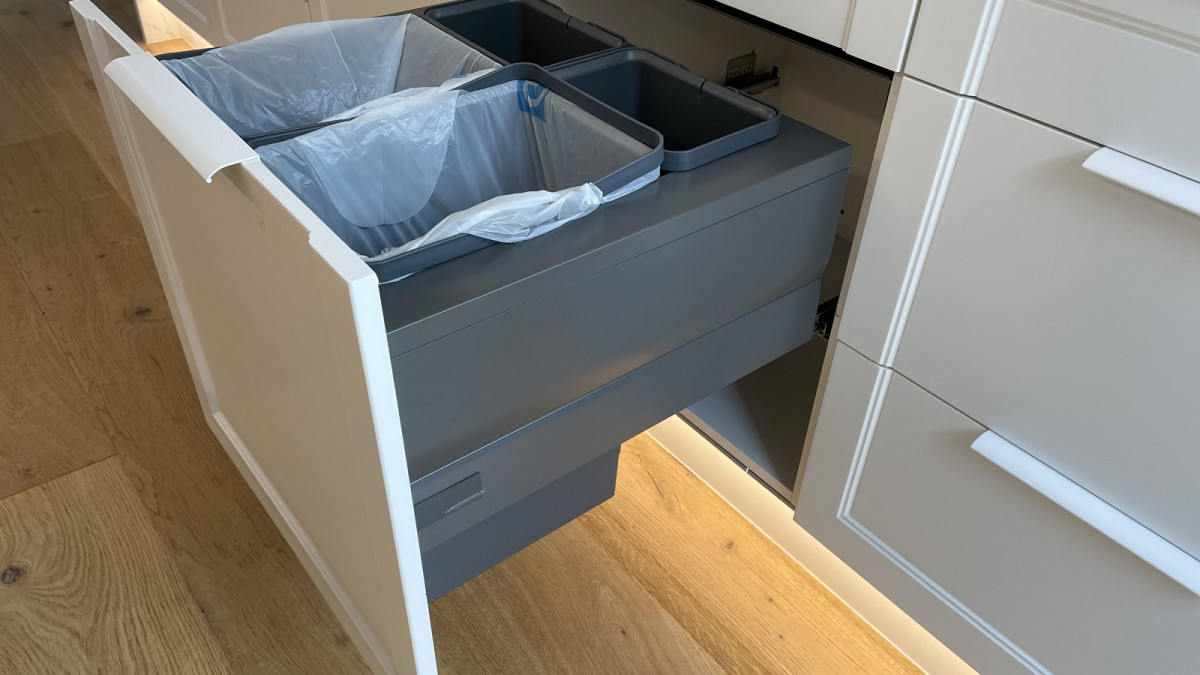 Tanova Designer Series Kitchen Waste Bin for 600mm Cabinet. Design Lisa Thesing. Project by Innovative Kitchens