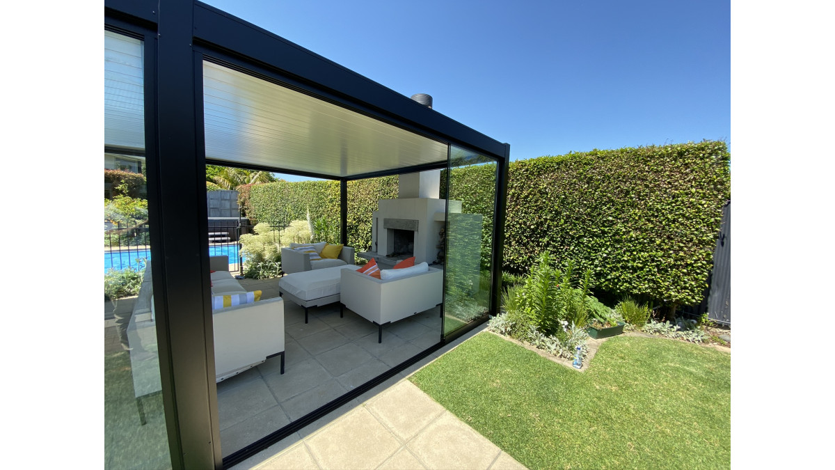 Bask Louvre Roof with Glaslide doors slid open