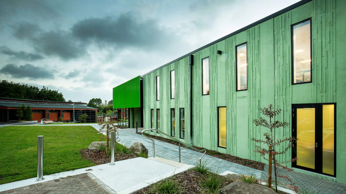 green coloured concrete walls exterior green panels Rotorua