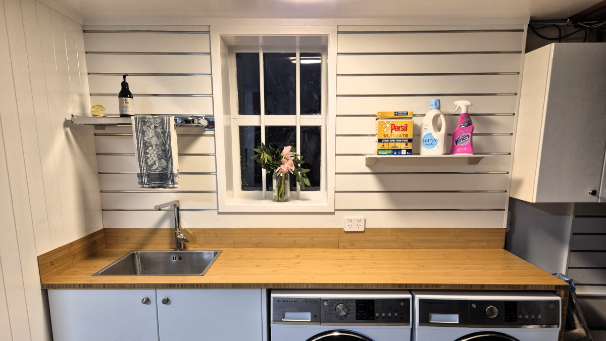 Plankwall Slatwall panels laundry storage
