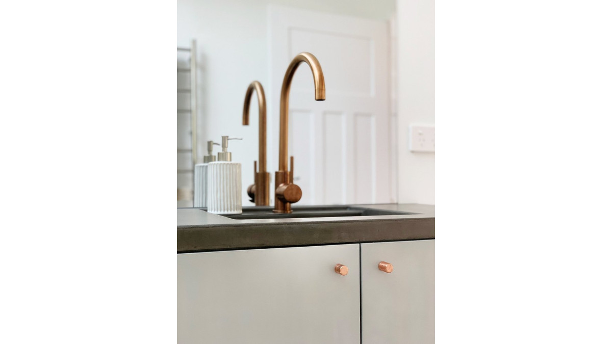 Supalam Grey plywood vanity copper tap tiny house motide nz