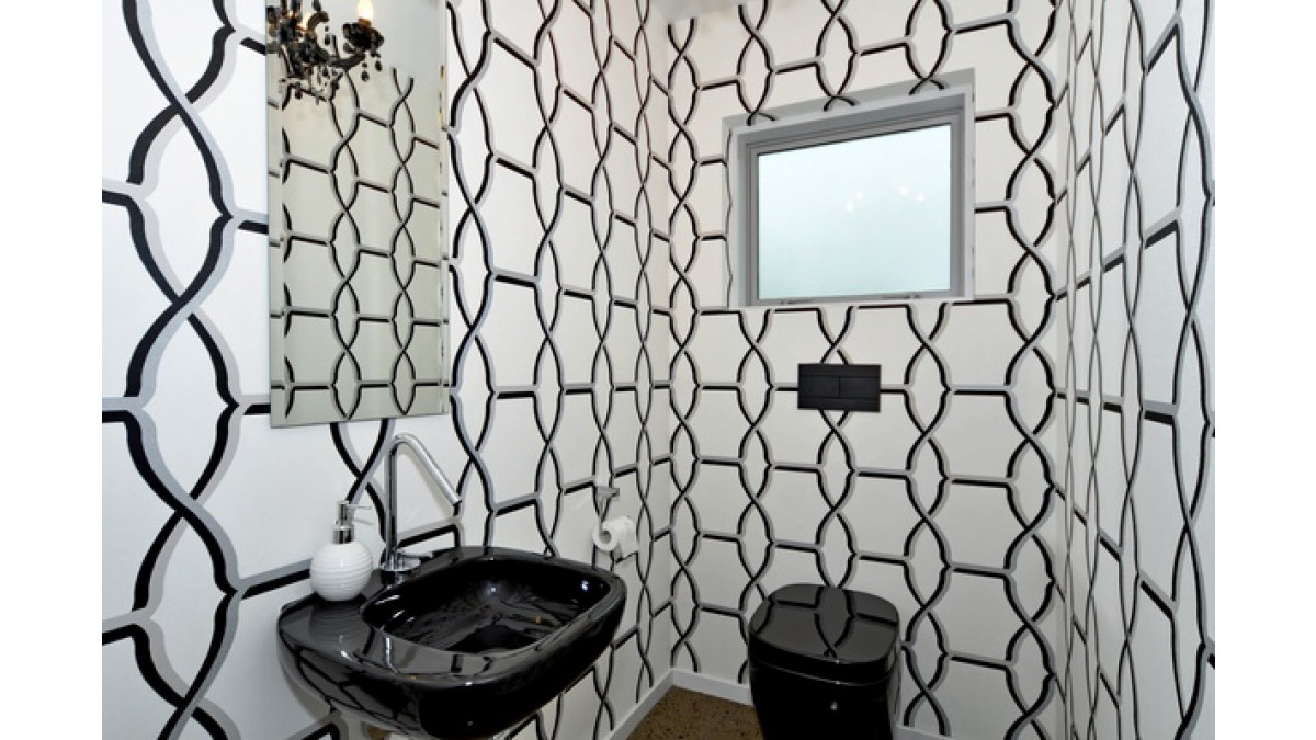 The wow factor in full force in a guest bathroom with Room 20 Wallpaper 8800 62 from Resene.