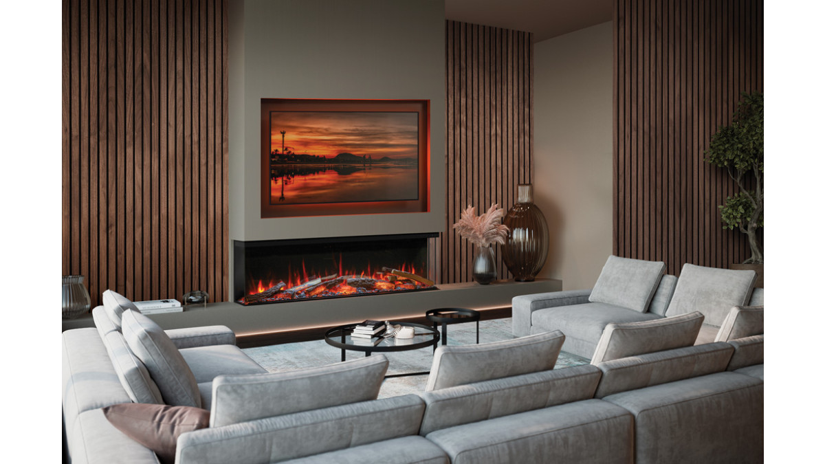 Avita 160 installed as a three sided fire Shown with optional Mood Lighting System 1