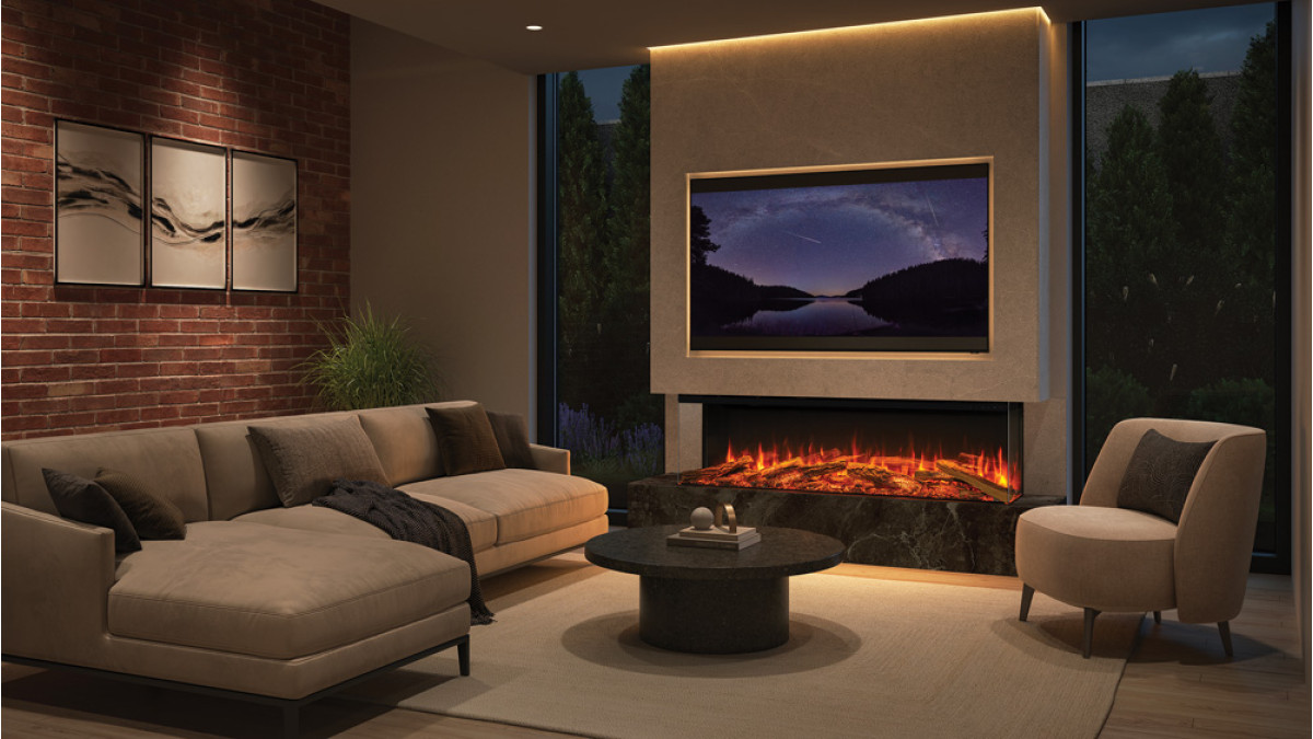 Avita 160 installed as a three sided fire Shown with optional Mood Lighting System