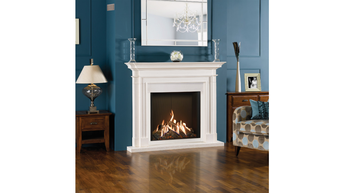 Reflex 75T Edge with Black Reeded lining Sandringham limestone mantel matching slip set