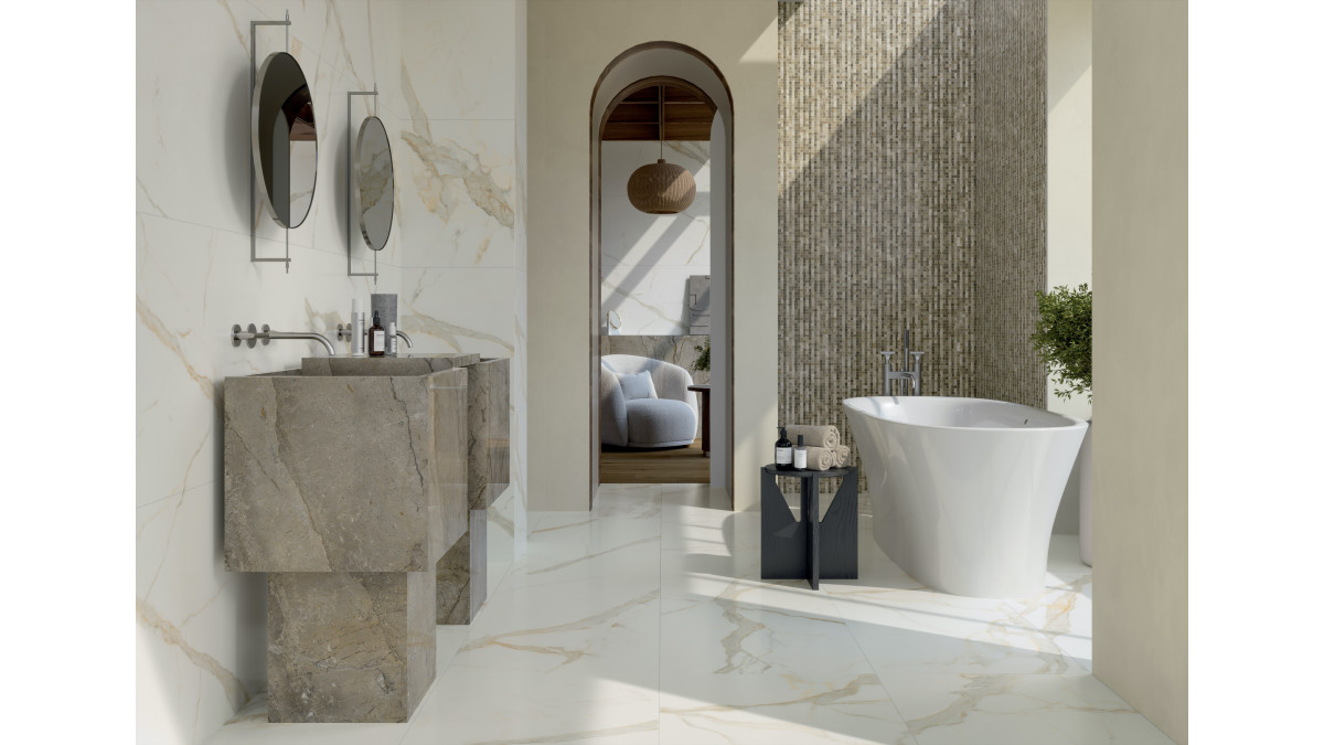 MarcaCorona Scultorea Calacatta Oro Fino Drop Villa Bathroom copy