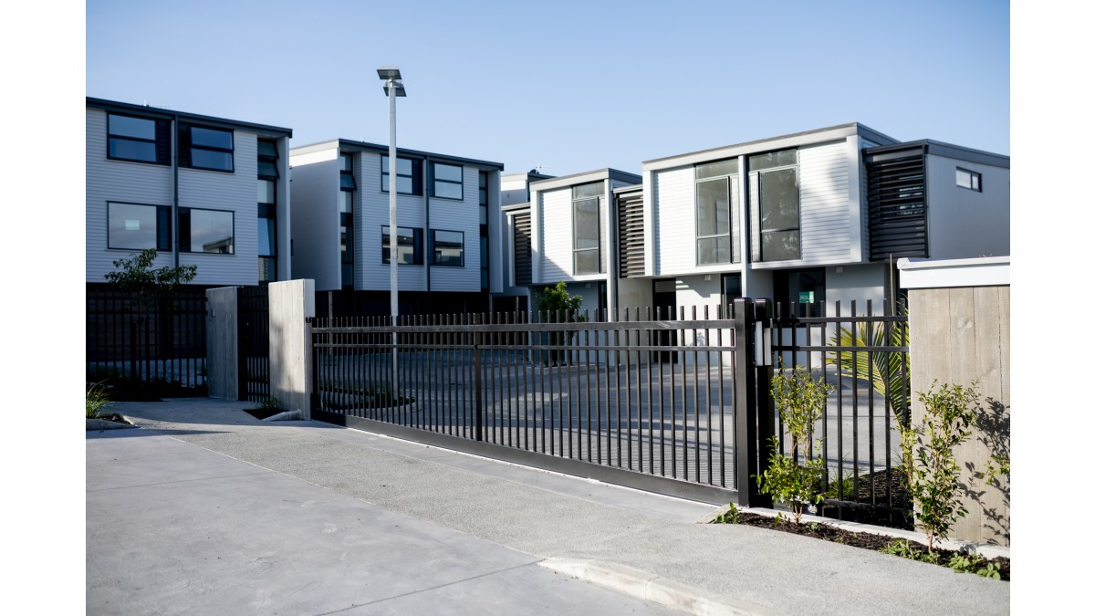 7a 1.8m Secura fence and custom vehicle gate installed at multi residential development Auckland