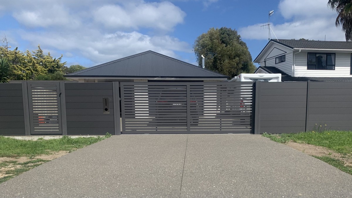 9 1 v3.8m Black StabiFence and Slat pedestrian and vehicle gates Residential