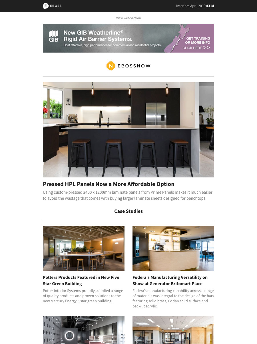 EBOSSNOW Interiors newsletter example