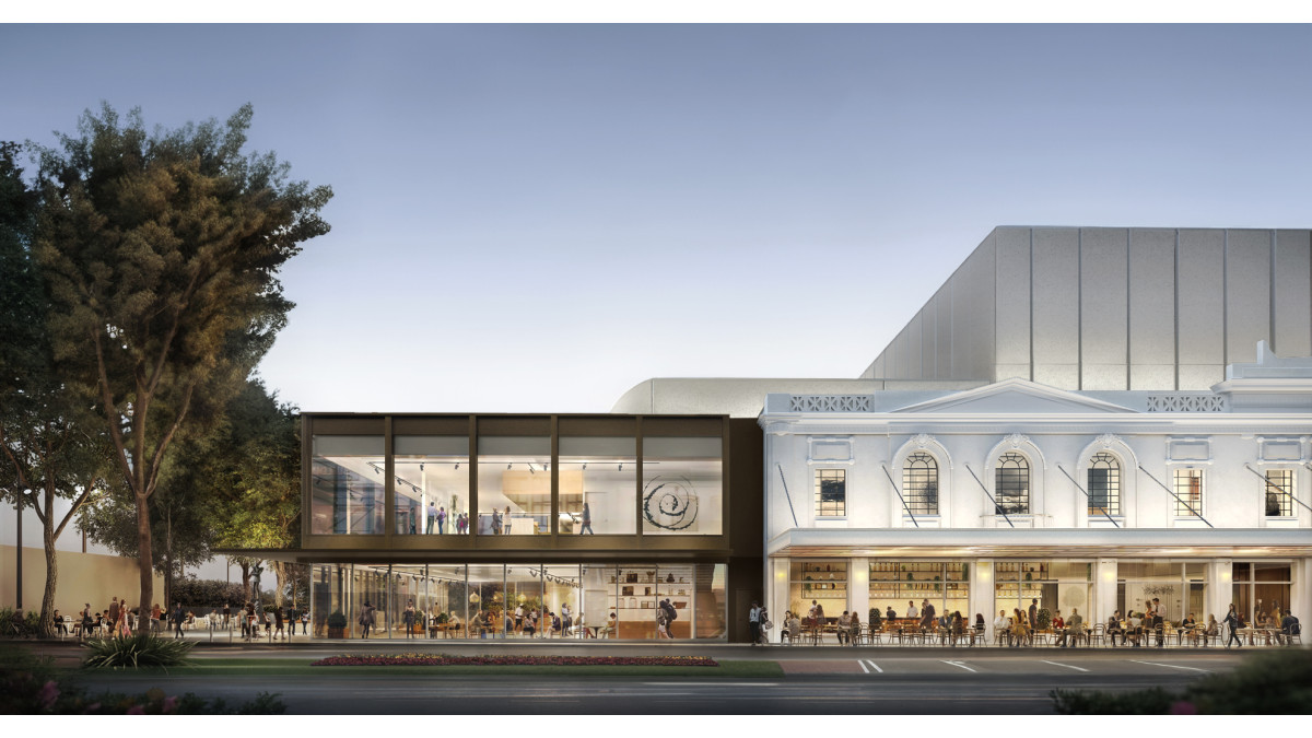A render of the northern end of the Waikato Regional Theatre showing extensive APL / AGP glazing, with the heritage façade of the old Hamilton Hotel on the right.