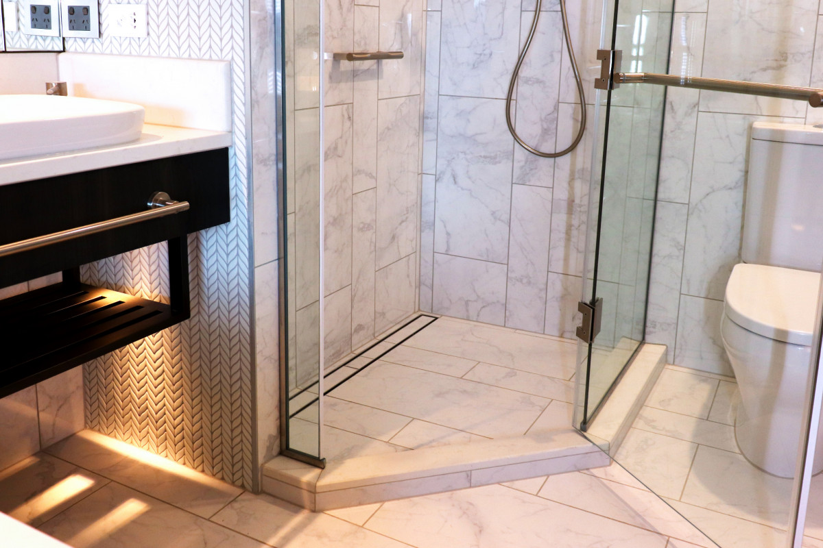 Cordis Hotel Tile Over Tray Shower Door Open Landscape