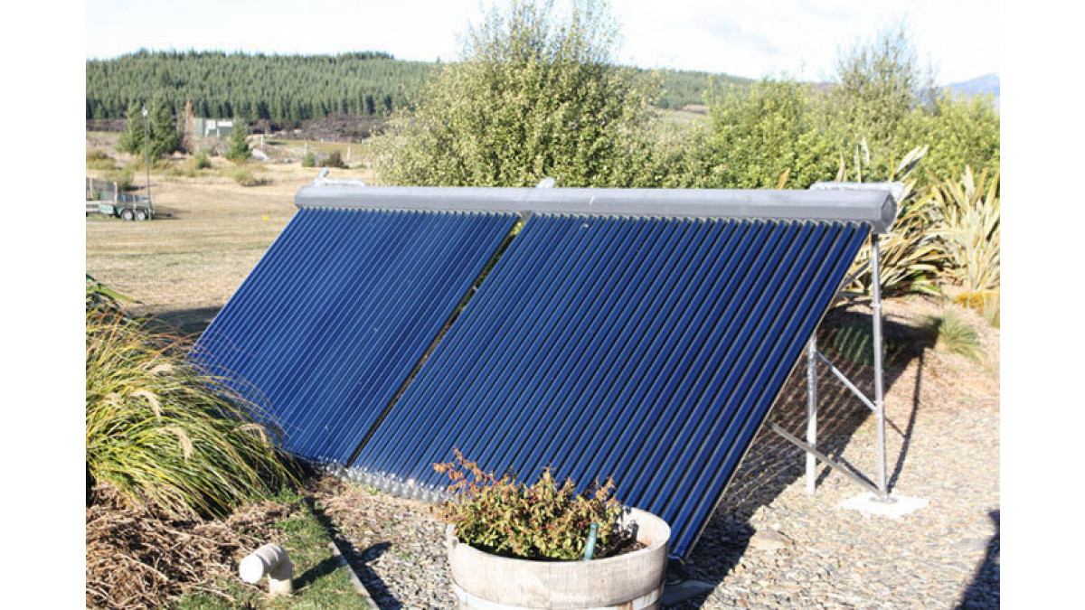 The solar hot water system, positioned at the rear of the property, has 30 evacuated tubes, which heat a 500L Green-glo cylinder. Solar heating was one of a number of eco-friendly initiatives included by developers, Nick Hay and Nick Frame. In mid-winter the hot water system may occasionally require boosting by electric heating. In other measures, grey water discharge is recycled through an irrigation system in the garden, and rain water is collected and stored in a 30,000-litre tank for general household use.