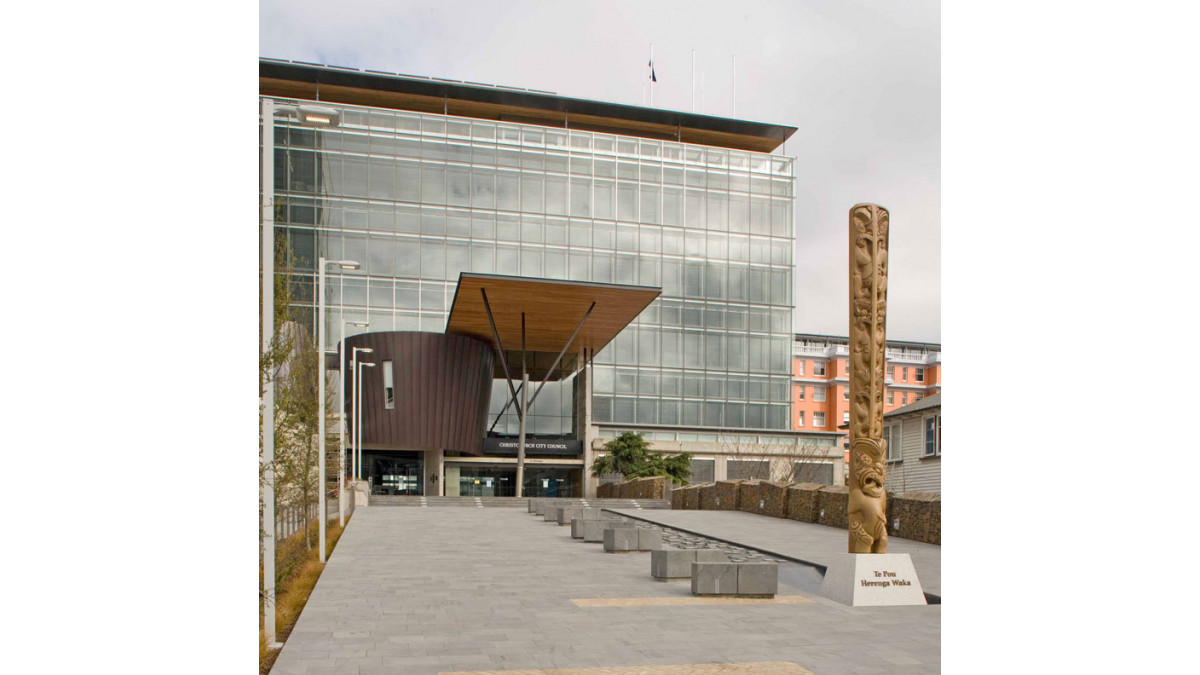 The northern double skin façade of the new Christchurch Civic Building (Worcester St entrance).