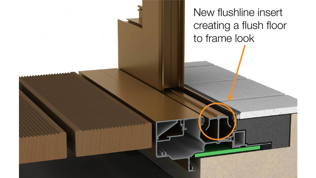 The Residential Flushline square threshold. The system comes with either a sloped or square threshold. The latter provides the opportunity for a completely flush interior to exterior floor level, subject to appropriate set-downs and tolerances under the Building Code Clause E2.