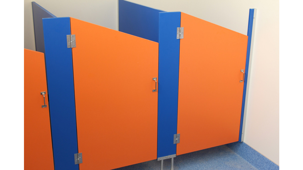 Kermac Childcare cubicles in Melteca Memphis Blue and Melteca Energize low pressure laminate with a MDF core.