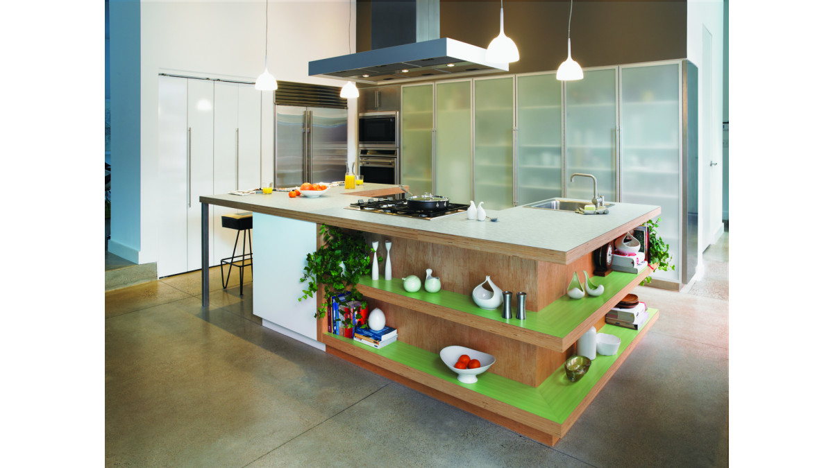 Kitchen featuring laminates from the Formica Anniversary Collection.