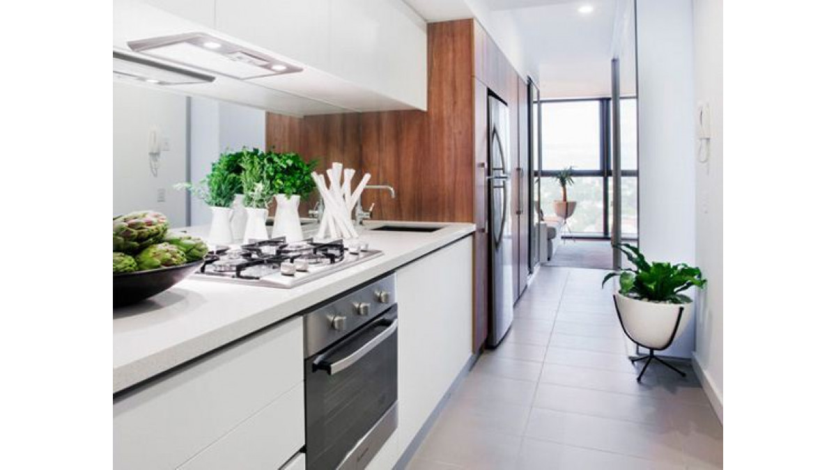 Kitchen in a Vogue South Yarra apartment. 