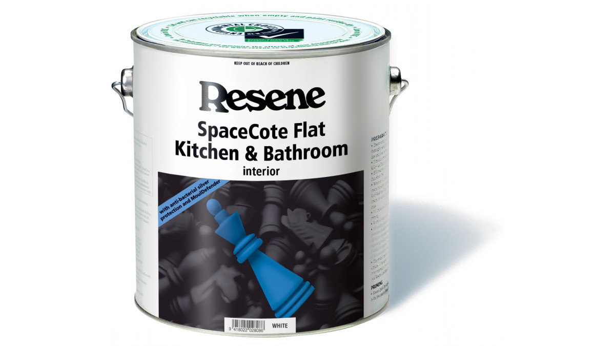 Use Resene SpaceCote Low Sheen Kitchen & Bathroom on walls and complement with Resene Lustacryl Kitchen & Bathroom on trims and joinery and Resene SpaceCote Flat Kitchen & Bathroom on ceilings.