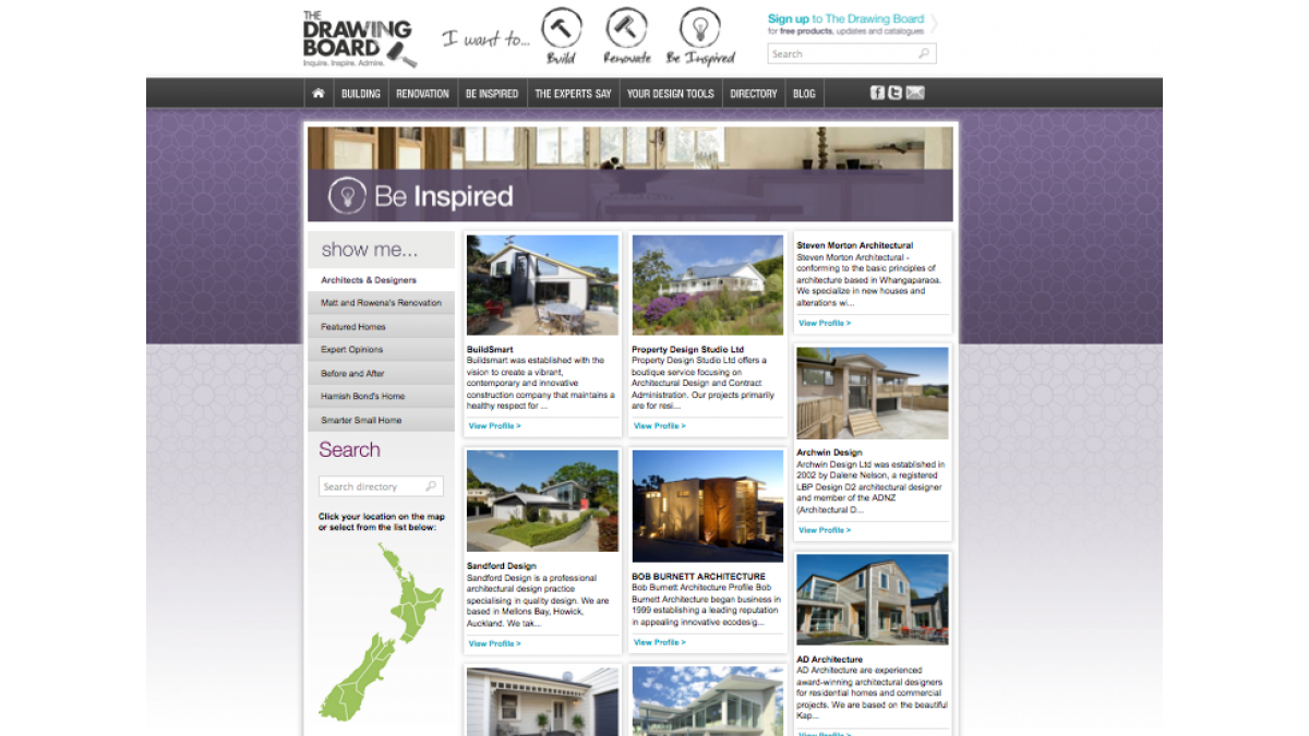 The Drawing Board is an online NZ directory for architects and design professionals, offering homeowners advice and inspiration on building and renovating. 