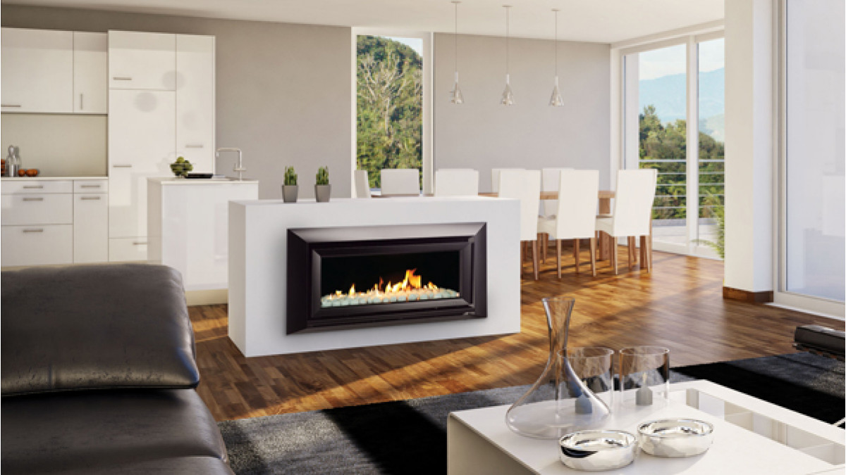 Escea DL850 and DL1100 gas fireplaces can be installed in an island in a kitchen or another room.