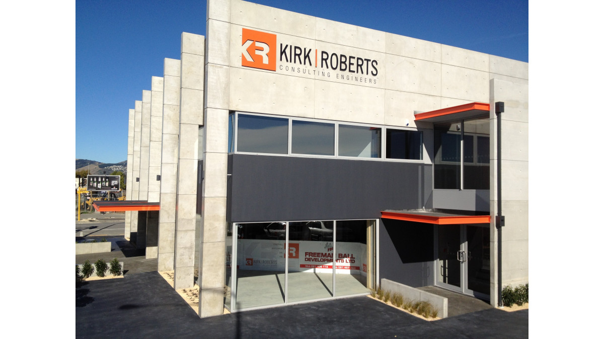 Kirk Roberts Building: Concrete feature areas are finished in Resene Lumbersider low sheen waterborne tinted to Resene Daredevil.  To protect the fresh paintwork from the risks of graffiti, Resene Uracryl Graffitishield semi-gloss has been applied.<br />
 
