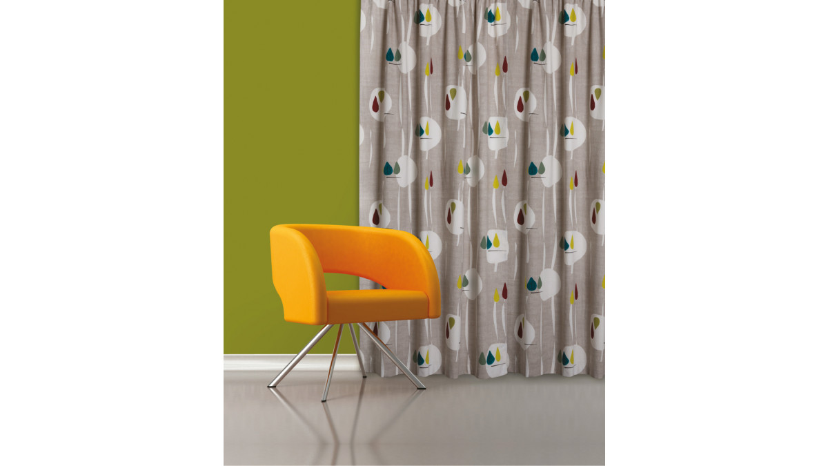 Resene Abstraction fabric from the Resene Curtain Collection, pictured here with Resene Kombi on the wall.<br />
