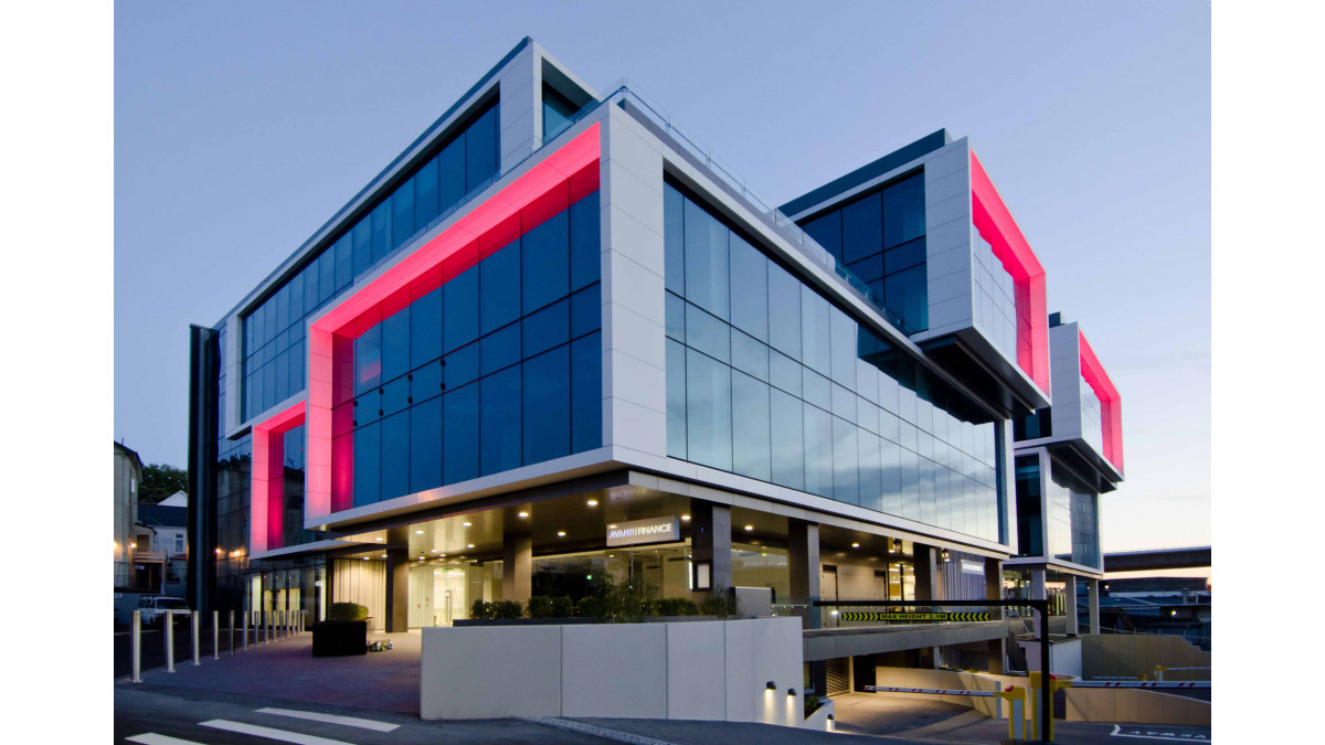 LED lights on the underside of the white ACM borders project upwards for a colourful nighttime effect.