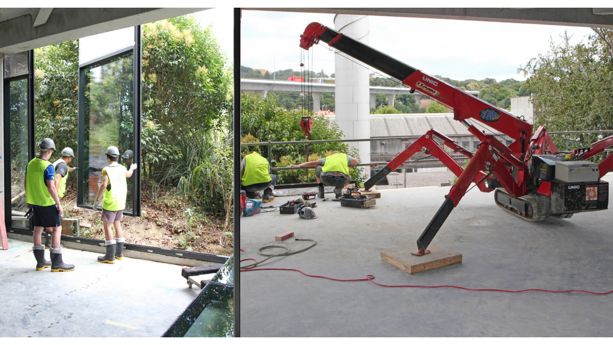 A movable spider crane was used to lower Vantage Structural Glaze panels into place.