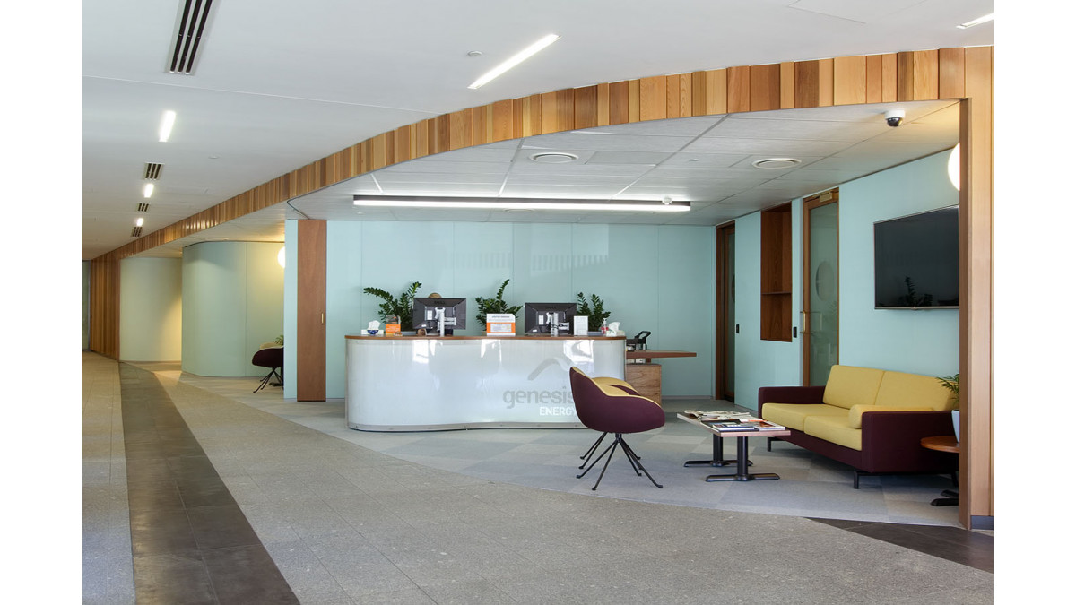Asona’s stretched fabric acoustic wall system covers the curved, free formed meeting rooms and reception area of Genesis Energy’s HQ Auckland offices.