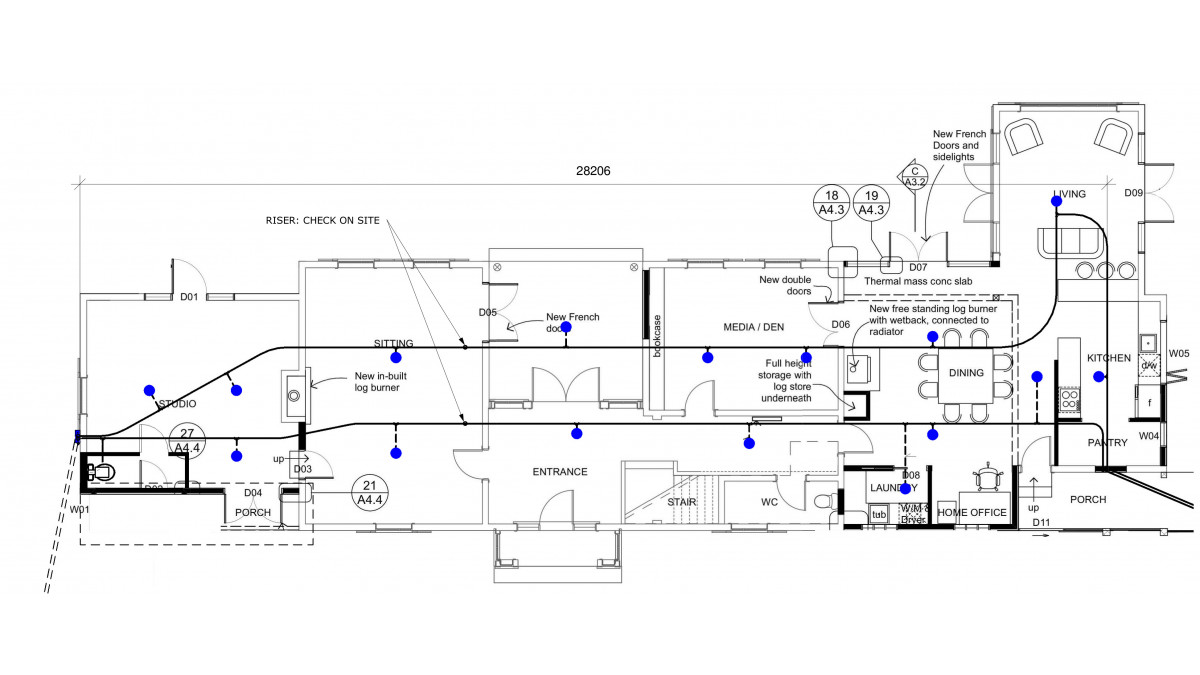 The pipework supplying the sprinkler heads is run in what is called a ‘ring main’, a loop of pipework with branches for each sprinkler.