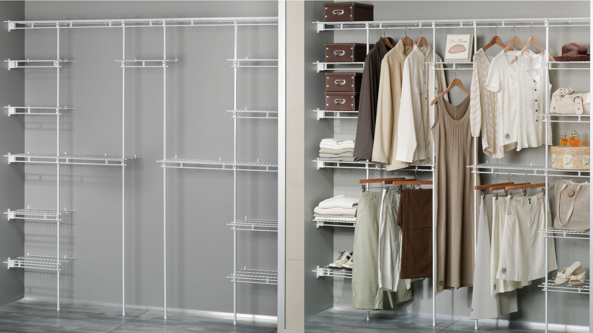 Wire wardrobe organisers before and after clothing is added.