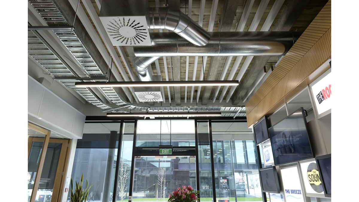 Media Works Christchurch – White Baffle Beams.