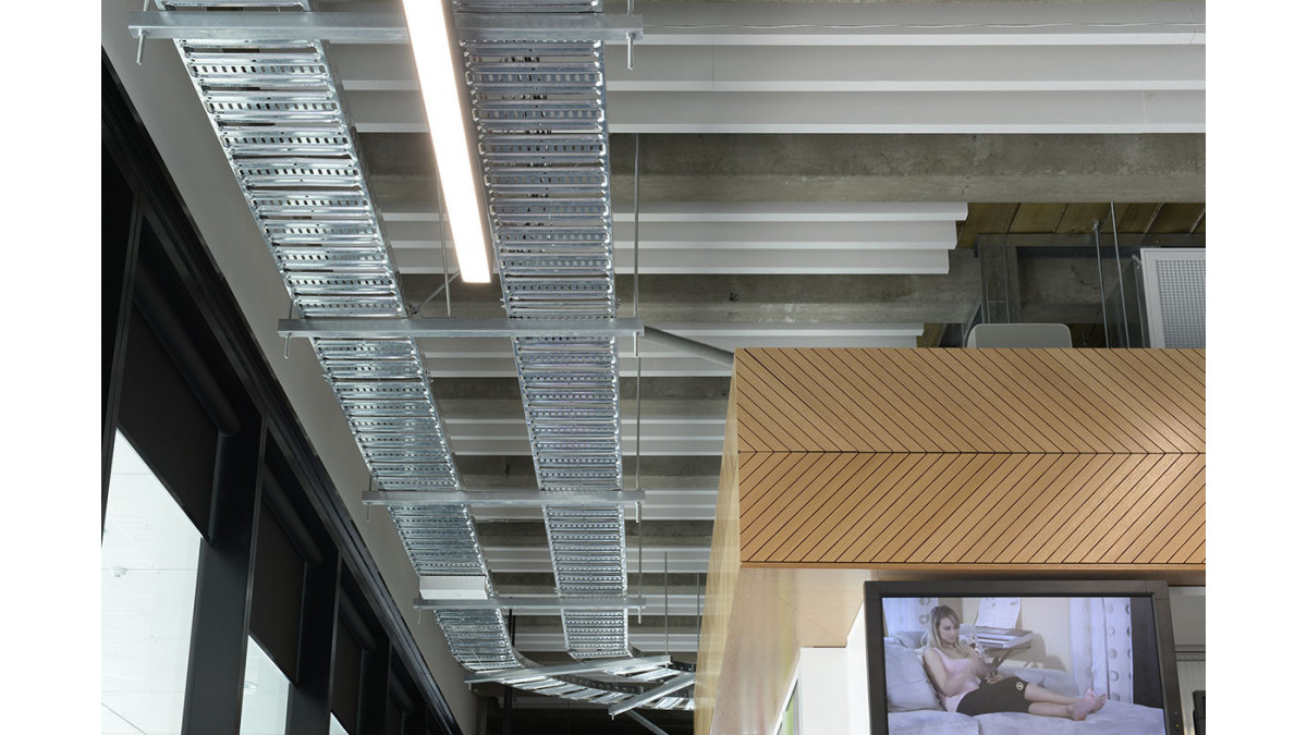 Media Works Christchurch – White Baffle Beams.