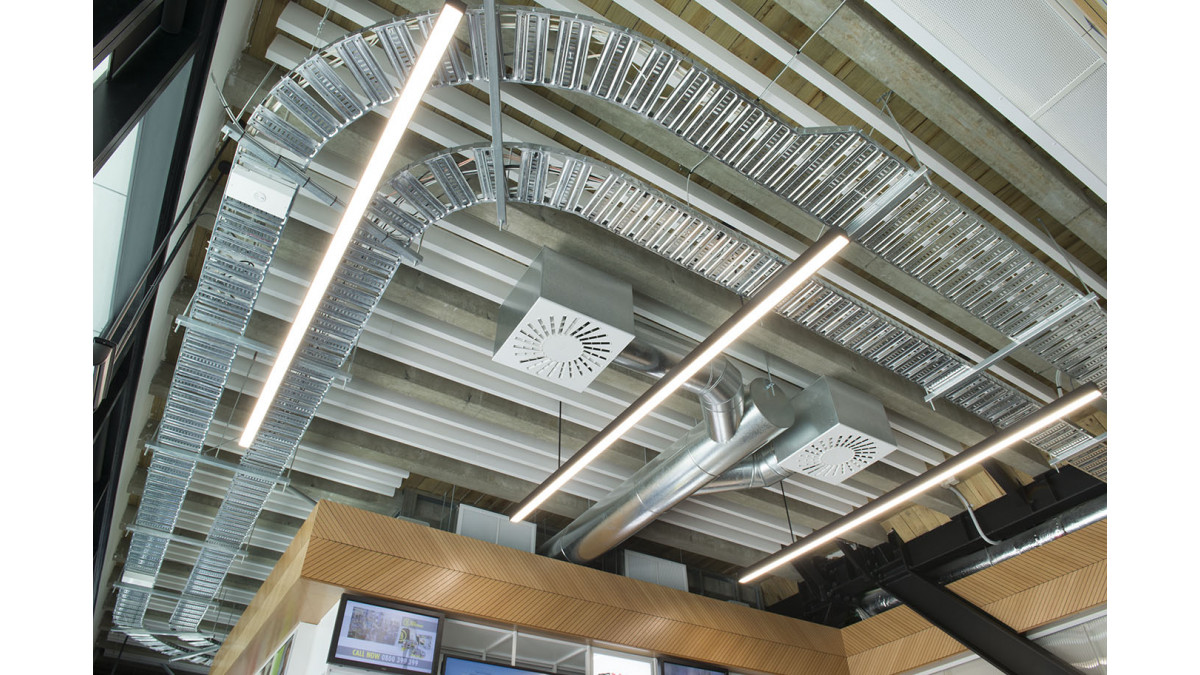 Media Works Christchurch – White Baffle Beams.