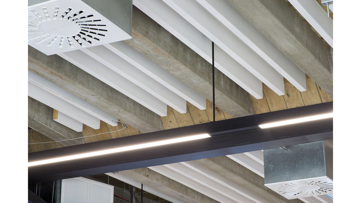 Media Works Christchurch – White Baffle Beams.