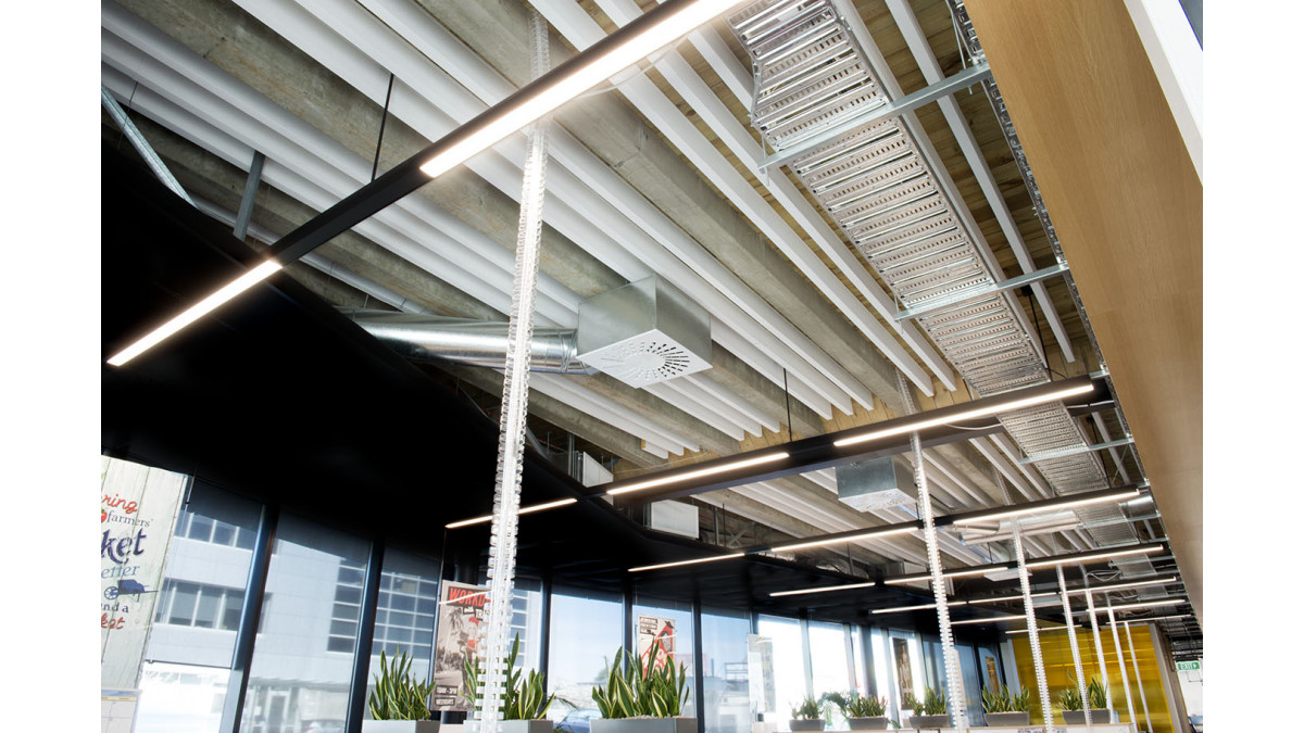 Media Works Christchurch – White Baffle Beams.